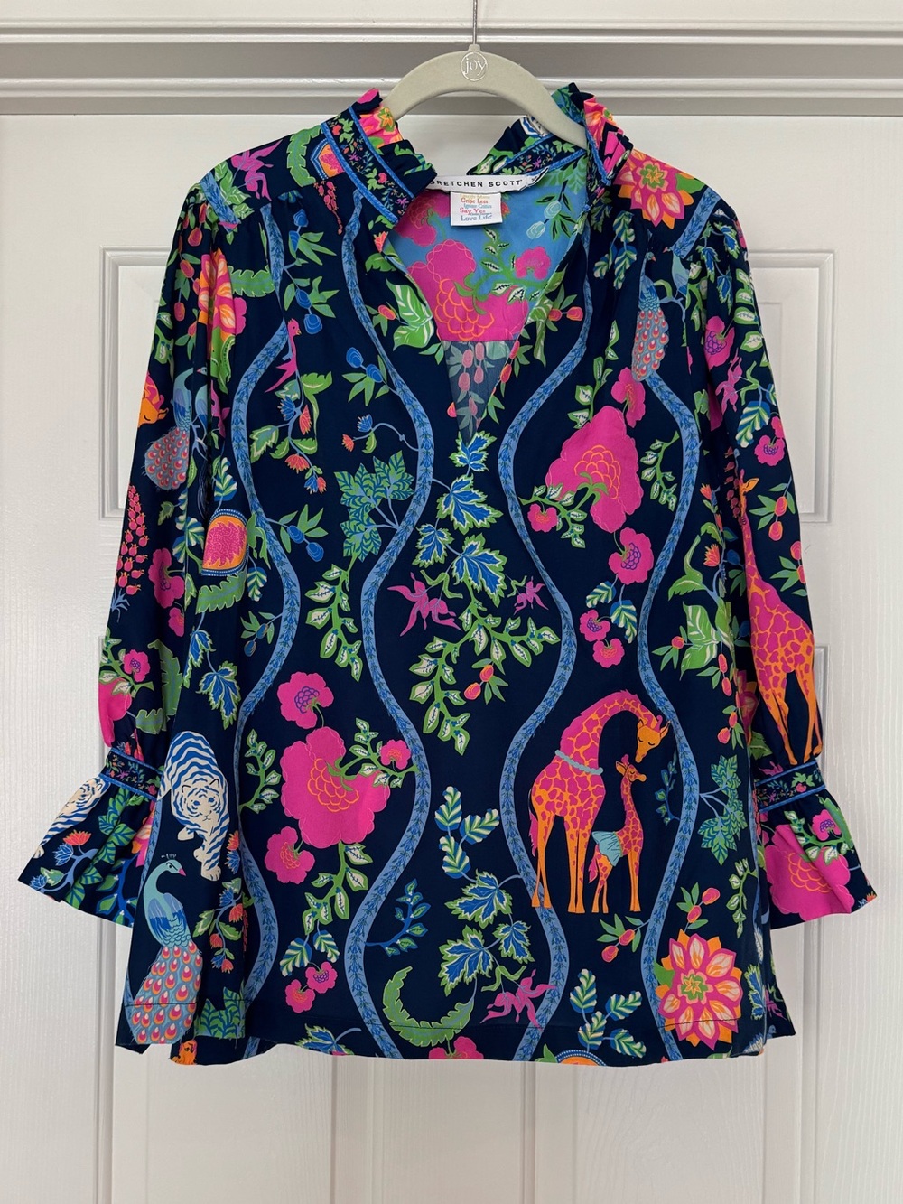 Bright Navy Floral & Giraffe Print V-Neck Blouse by Gretchen Scott